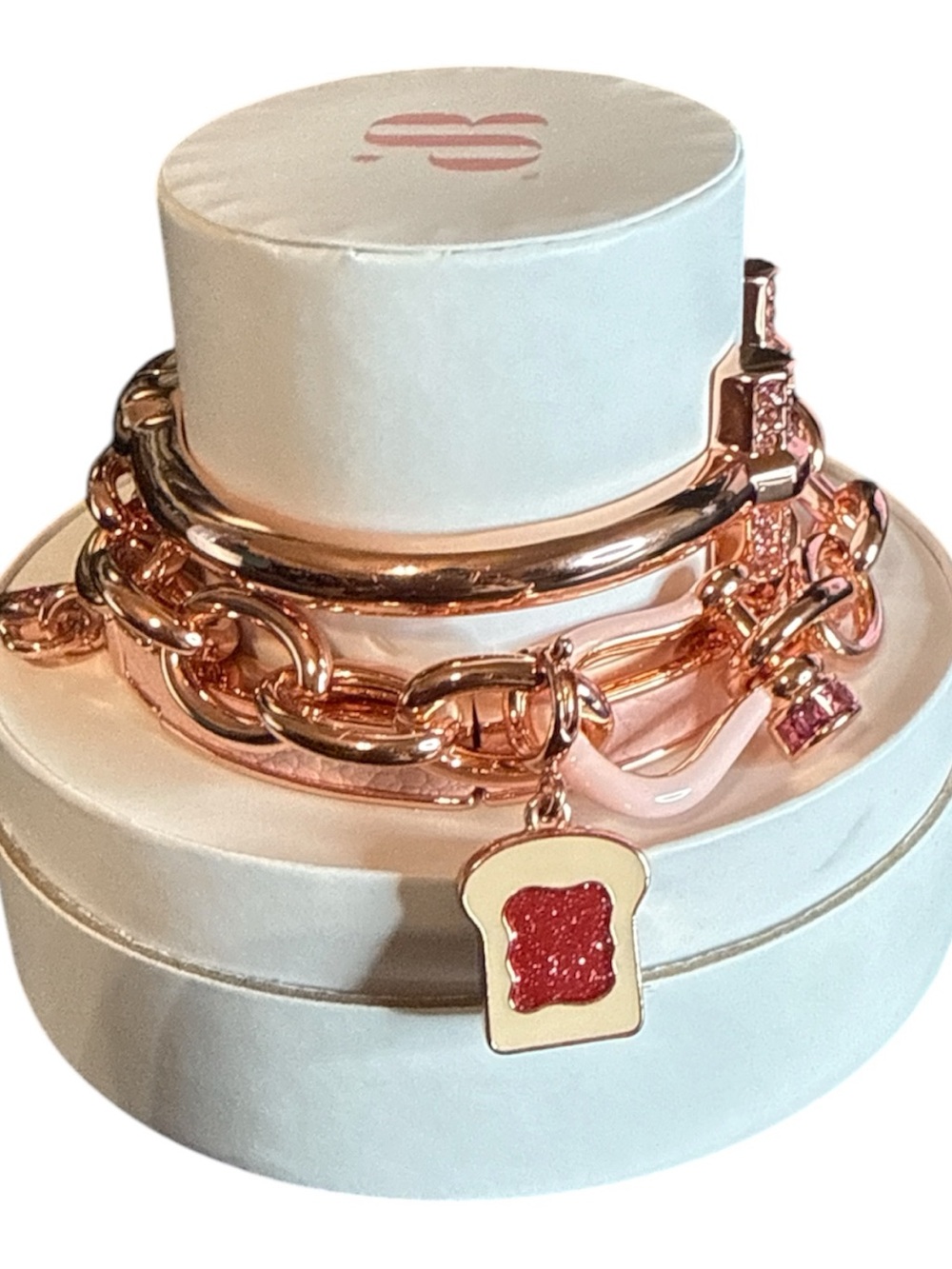 Rose Gold Bracelet Stack with Red Toast Charm by